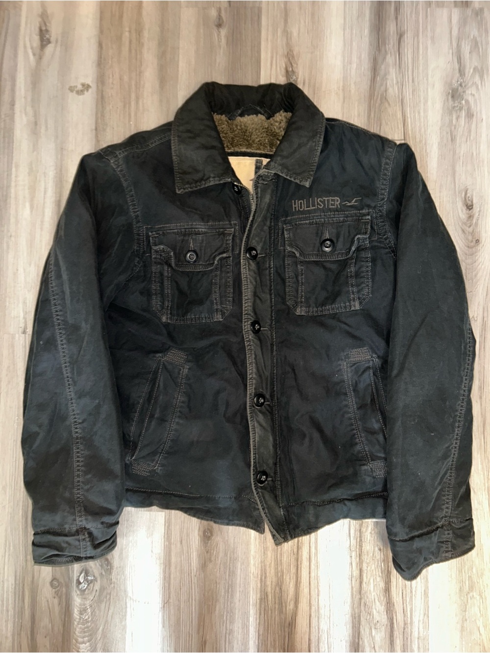 Y2K Hollister Seagull Bird Logo Sherpa Lined Utility Jacket Mens L Black Grunge